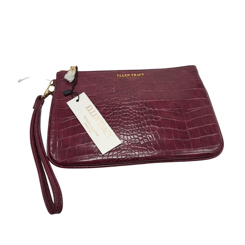 Ellen Tracy Croco Collection Wristlet Clutch Purse Burgundy Gold Faux Leather